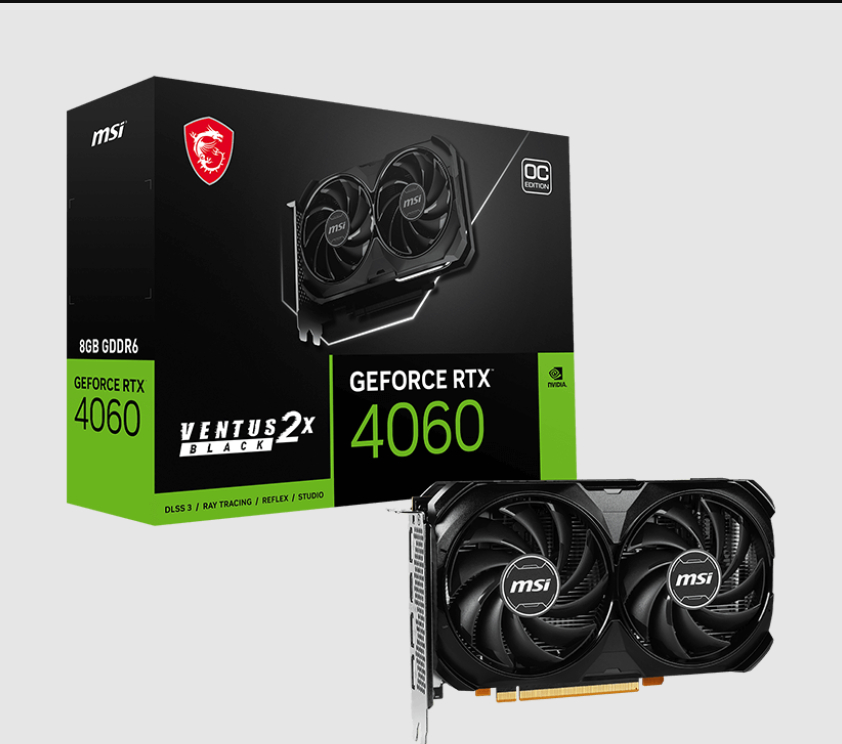  nVIDIA GeForce RTX 4060 VENTUS 2X BLACK 8G OC<br>Boost Clock: 2490 MHz, 1x HDMI/ 3x DP, Max Resolution: 7680 x 4320, 1x 8-Pin Connector, Recommended: 550W  